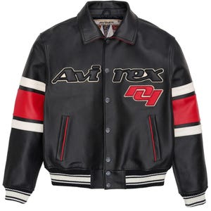 May include: Black leather jacket with the word "Aviirex" in white and red lettering across the chest. The jacket has red and white stripes on the sleeves and a ribbed collar and cuffs. The number "24" is also featured on the jacket.