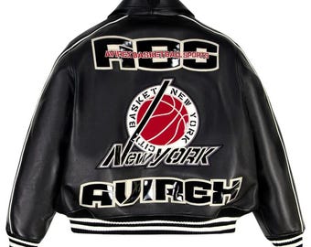 Chaqueta universitaria de cuero de los Knicks de Nueva York, chaqueta Avirex de Kith, hecha con cuero de vaca para él, chaqueta de estilo militar, regalo para él.