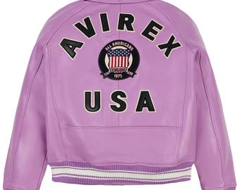 Chaqueta bomber Avirex de piel de vaca auténtica color rosa. Chaqueta clásica de vuelo americana para hombre. Chaqueta bomber Avirex USA premium. Regalo perfecto para mujer.
