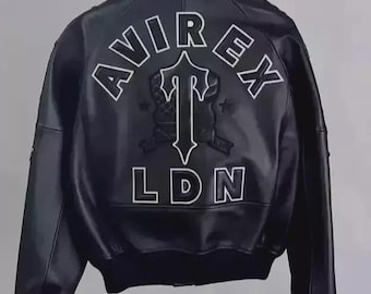 Chaqueta de cuero estilo bombardero Avirex USA Iconic en negro, hecha con piel de vaca para él, chaqueta estilo militar, regalo para él.