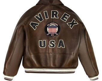 Chaqueta de cuero marrón Avirex, chaqueta universitaria de los York Knicks, chaqueta Avirex Kith, hecha con cuero de vaca para él, regalo para él.