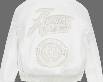 Nieuw Avirex USA iconische stijl in wit, leren bikerjack in bomberstijl gemaakt van rundleer voor hem Jas in militaire stijl Cadeau voor hem