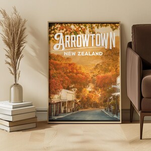 Póster de Arrowtown, Nueva Zelanda, arte mural de viaje vintage con paisaje otoñal, impresión de viaje de otoño en Nueva Zelanda, decoración natural de la Isla Sur, impresión artística de Arrowtown