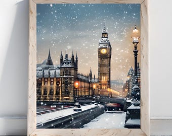 May include: A framed print of Big Ben and the Houses of Parliament in London during a snowfall. The image features a winter scene with snow-covered buildings, a bridge, and streetlights, all set against a twilight sky. The frame is a light wood color.