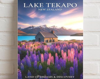 Lake Tekapo Lupin Field Poster | Church of the Good Shepherd Wall Art | New Zealand Landscape Print | Dreamy Travel Poster Decor
