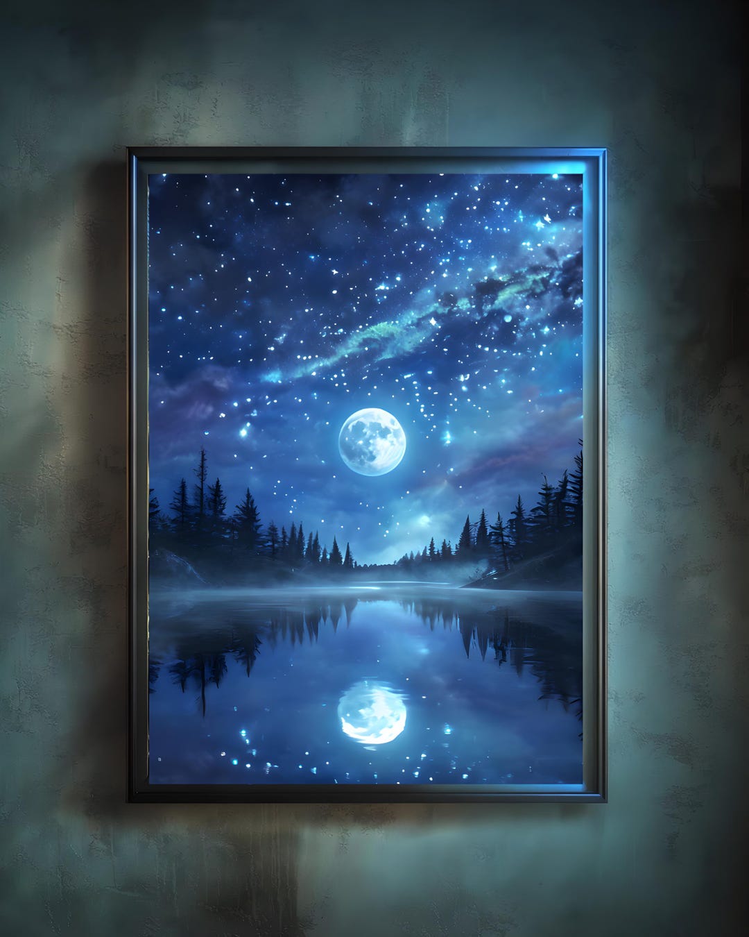 Full Moon Lake Print: Starry Night Sky, Misty Forest - Celestial Nature ...