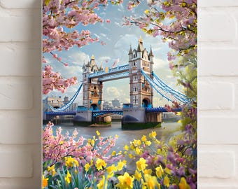 London Tower Bridge Spring Wall Art, Cherry Blossom London Travel Poster, UK Cityscape Print,Romantic European Decor,London floral landscape