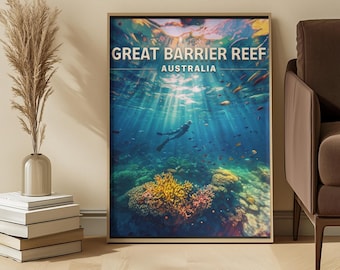 Great Barrier Reef Diver Wall Art | Underwater Coral Ocean Print | Cairns Australia Marine Life Poster | Snorkeling Tropical Sea Decor