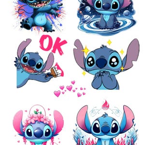 Peut inclure: Un ensemble de six illustrations numériques mettant en scène Stitch, un personnage extraterrestre bleu aux grandes oreilles et à l'expression espiègle. Les illustrations représentent Stitch dans différentes poses et environnements, notamment une scène spatiale, une scène de peinture et une scène florale.