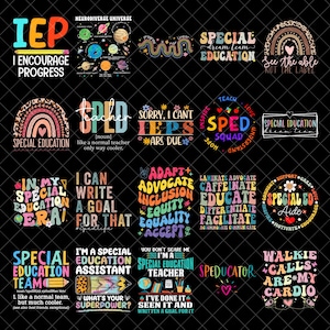 Pode incluir: Uma coleção de designs gráficos coloridos com texto relacionado à educação especial. Os designs incluem arco-íris, lápis e frases como "Equipe de Educação Especial" e "Eu incentivo o progresso."
