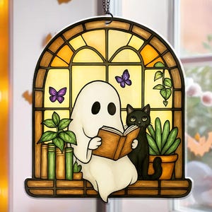 Ghost Reading Book Suncatcher, Ghost Plants and Black Cat Acrylic Suncatcher Window Hanging Decor, Reading Book SunCatcher, Book Lover Gift