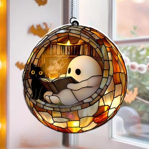 Ghost Reading Book And Black Cat Acrylic Suncatcher, Spooky Halloween Suncatcher, Gothic Book Lovers Gift, Cat Lover Gift, Halloween Decor