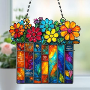 Flower Book Acrylic Suncatcher Window Hanging,Library Book Decor Home,Bookish Library Decor,Book Club Lover Gift,Librarian Gift,Gift For Her