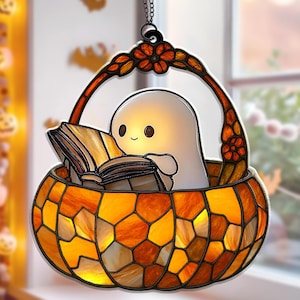 Cute Ghost Reading Book in Pumpkin Acrylic Suncatcher, Ghost Window Hanging, Spooky Bookish Halloween Bathroom Decor, Cute Ghost Suncatcher