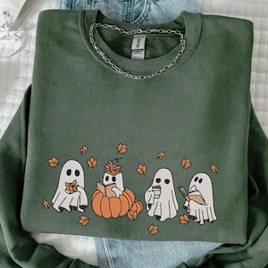 Embroidered Fall Ghost Shirt, Pumpkin Ghost Shirt, Halloween Ghost Embroidered Sweatshirt, Flower Halloween Shirt, Cute Embroidered Shirt