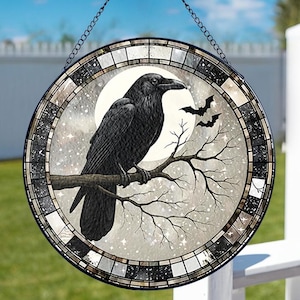 Raven Stained Glass Suncatcher, Gothic Crow Window Hanging, Unique Indoor Home Decor, Housewarming Gift Idea for Dark Theme, Halloween Gift