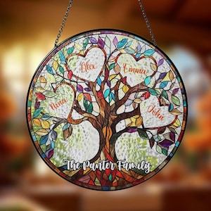 Custom Family Stained Glass Window Hanging Suncatcher, Custom Name Family Suncatcher, Family Unbreakable Bond Tree Of Life,Family Suncatcher