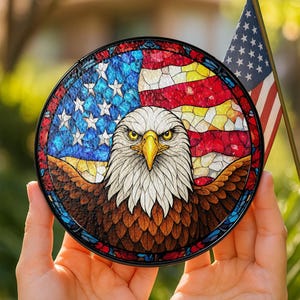 Amerikaanse vlag adelaar gebrandschilderd glas Suncatcher, 4 juli Suncatcher, God Bless America, cadeau voor veteranen, raamdecoratie Independence Day