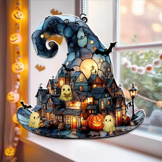 Witch Hat Village Acrylic Suncatcher, Halloween Town Faux Stained Glass Window Hanging,Spooky Home Decor For Halloween,Cute Ghost Suncatcher