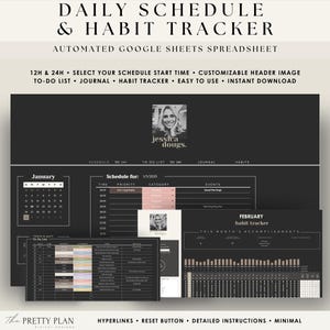 May include: A black and white digital planner template for Google Sheets. The template includes a daily schedule, to-do list, journal, habit tracker, and monthly calendar. The template is customizable with a header image and start time.