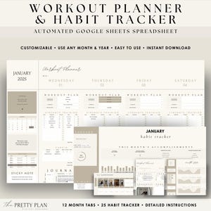 Peut inclure: Un planificateur d'entraînement et un suivi des habitudes numériques imprimables pour Google Sheets. L'image montre un calendrier, un plan d'entraînement et un suivi des habitudes avec un schéma de couleurs beige et blanc. Le texte "JANUARY 2025" est visible sur le calendrier.