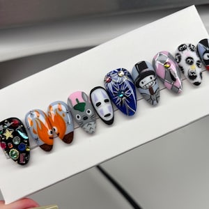 Miyazaki Press On Nails, Hand Painted Nails, Reusable Press On Nails, Custom Press On Set, Studio Ghibli Nails