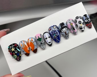 Miyazaki Press On Nails, Hand Painted Nails, Reusable Press On Nails, Custom Press On Set, Studio Ghibli Nails