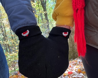 Smitten Mittens, the Shareable Gloves for Holding Hands.  Black Gloves and Card Included, Perfect Romantic Gift for Active Outdoor Couples!
