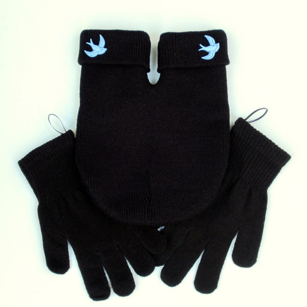 Black SMITTEN Mitten with Love Bird Buttons (for holding hands when its cold outside) Black GLoves and Card Included