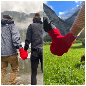 Cadeau drôle pour la Saint-Valentin en couple, mitaines rouges romantiques à partager ; Mitaine frappée ; Gants pour couple. Carte de Noël incluse !
