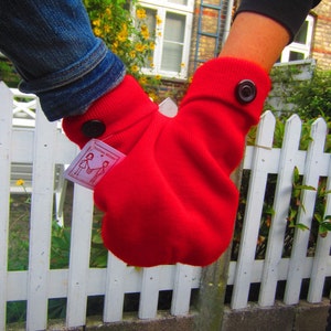 Red Smitten mitten, a shareable couples mitten. Winter accessory for couples to hold hands with.