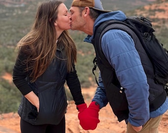Romantic Red Smitten Mittens; Shareable Gloves for Couples to Hold Hands. A Perfect Christmas Gift for Cute Couples, Card Included!