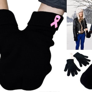 Concienciación del cáncer de mama Parejas Mitten, cinta rosa para mujeres fuertes, Guantes y tarjeta Smitten incluido. ¡Comparte tu manopla! Envío GRATIS EE.UU.