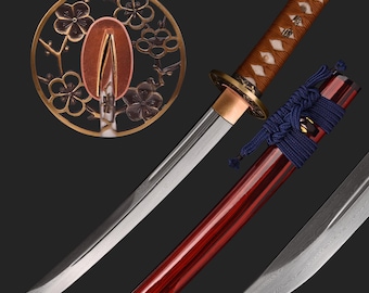 Handmade Sakura Tanto Sword Real - Hand Forged Full Tang 1095 Steel/1095 Steel Clay/Damascus Unokubi Japanese Samurai Sword, Gift For Him