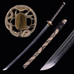 Handmade Snake Damascus Katana - Hand-crafted Full Tang Damascus Steel Real Japanese Samurai Katana Sword, Copper Tsuba, Gifts for Him