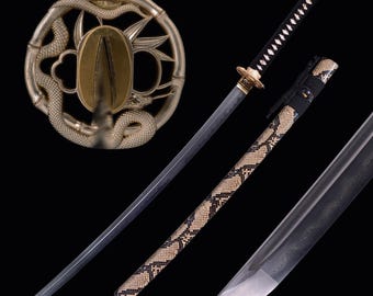 Handmade Snake Damascus Katana - Hand-crafted Full Tang Damascus Steel Real Japanese Samurai Katana Sword, Copper Tsuba, Gifts for Him