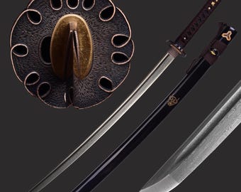 Ręcznie robiony miecz Katana Wakizashi - ręcznie kuty, pełny trzpień ze stali damasceńskiej, japoński miecz samurajski, prezent dla męża, wyjątkowy przedmiot kolekcjonerski