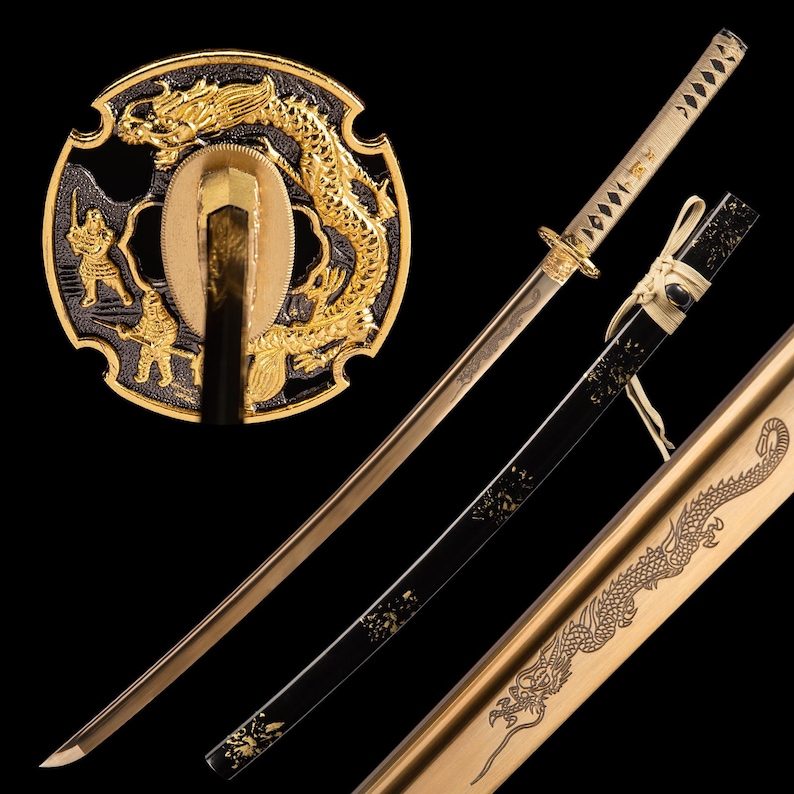 May include: A Japanese katana sword with a gold and black design. The sword features a gold dragon on the guard and scabbard. The handle is wrapped in white fabric. The blade is a light gold colour.
