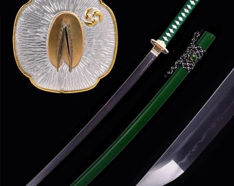 Katana verde fatta a mano - Spada katana giapponese da samurai a codolo intero forgiata a mano in acciaio ad alto tenore di carbonio 1095, autentica katana, regalo per il marito