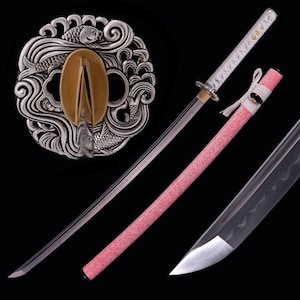 Katana rosa hecha a mano - Espada katana samurái japonesa de acero al carbono 1095 forjada a mano con espiga completa - Perfecta para niñas, colección y exhibición