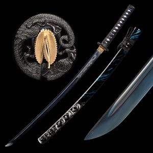 Handmade Samurai Katana sword real - Hand forged full tang 1060 high carbon steel Japanese training sword, Husband Gift, Blue Sky Dragon