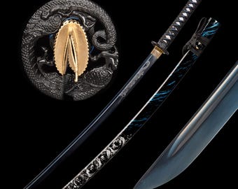 Handmade Samurai Katana sword real - Hand forged full tang 1060 high carbon steel Japanese training sword, Husband Gift, Blue Sky Dragon