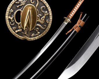 Handgemaakte unokubi-katana: Japans samuraizwaard met volledige tang, 1095 koolstofstaal
