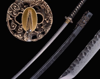 Handmade Damascus Katana Real: Handforged Full Tang Japanese Samurai Katana Dragon Sword for Men