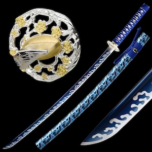 Katana azul hecha a mano - Espada samurái de entrenamiento japonesa auténtica de acero al carbono 1060 de espiga completa forjada a mano, regalo para él