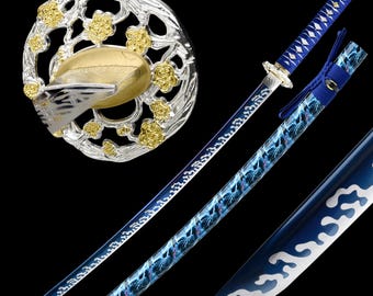 Handgjord blå katana - handsmidd full tånge 1060 högkolstål autentisk japansk träningssamurajsvärd, present till honom