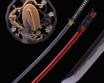 Katana de dragón hecha a mano - Espada katana samurái japonesa forjada a mano con espiga completa, acero T10 auténtico, templado con arcilla y pulido de 3 tonos.