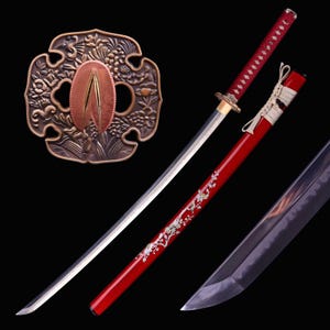 Spada giapponese fatta a mano, autentica spada katana da samurai giapponese forgiata a mano, con codolo intero, in acciaio T10 temprato all'argilla, hamon Choji, Tsuba in rame Tyouji.