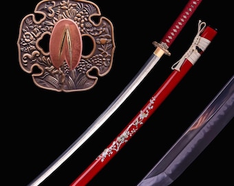 Spada giapponese fatta a mano, autentica spada katana da samurai giapponese forgiata a mano, acciaio T10 temprato in argilla, Choji hamon, Tyouji, rame Tsuba
