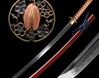 Handmade Katana Sword Real - Hand Forged Full Tang T10 Steel Clay Tempering Japanese Samurai Sword for Girls, Girlfriend Gift - Senbonzakura